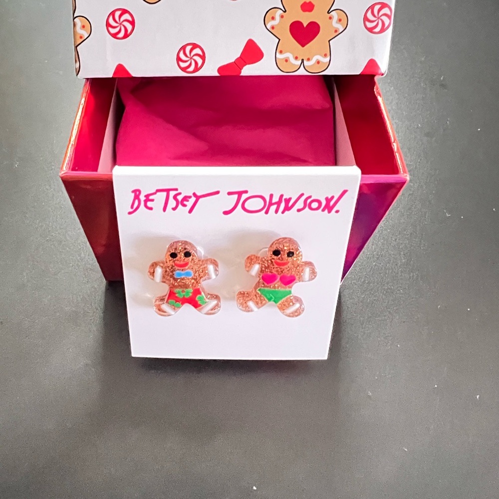 NEW Betsey Johnson Glitter Gingerbread Earrings with Pink and Green Accents